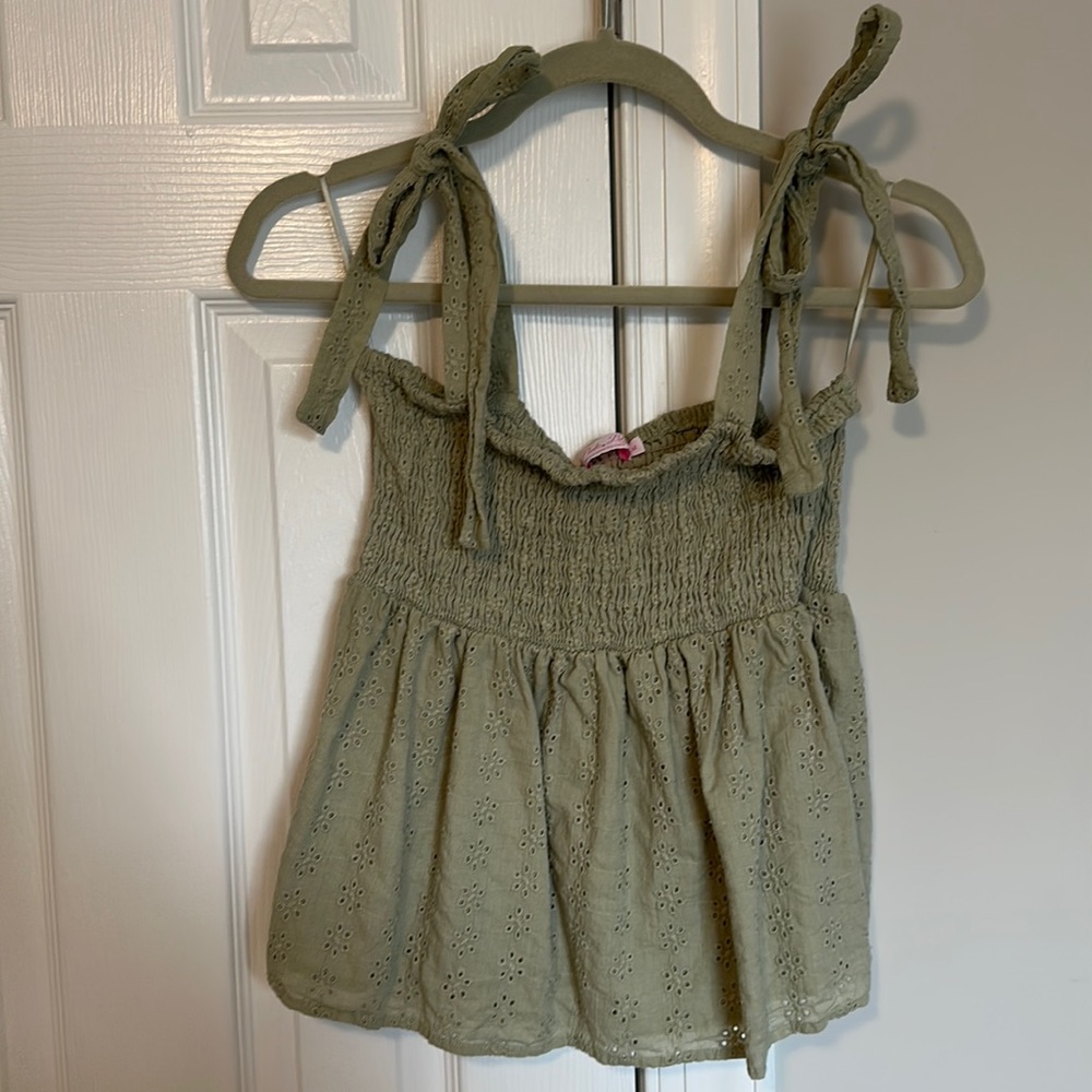 Pink Lily Sage Green Smocked Tie-Shoulder Eyelet Tank Top Size M